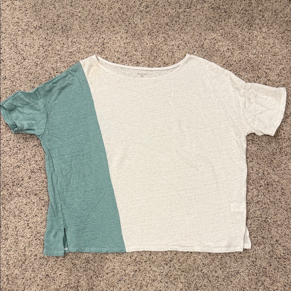 Garnet Hill Colorblock Linen-Blend Top - Teal and White